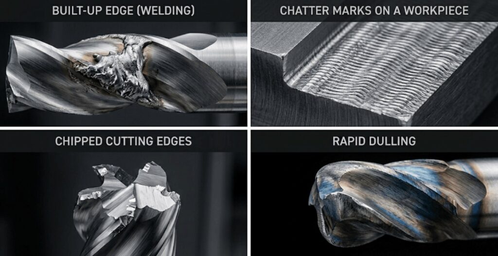 Built-up edge (welding), chatter marks on a workpiece, chipped cutting edges, and rapid dulling