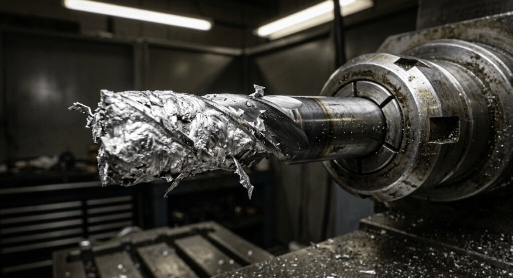 End mill totally packed with melted aluminum (built-up edgechip welding)