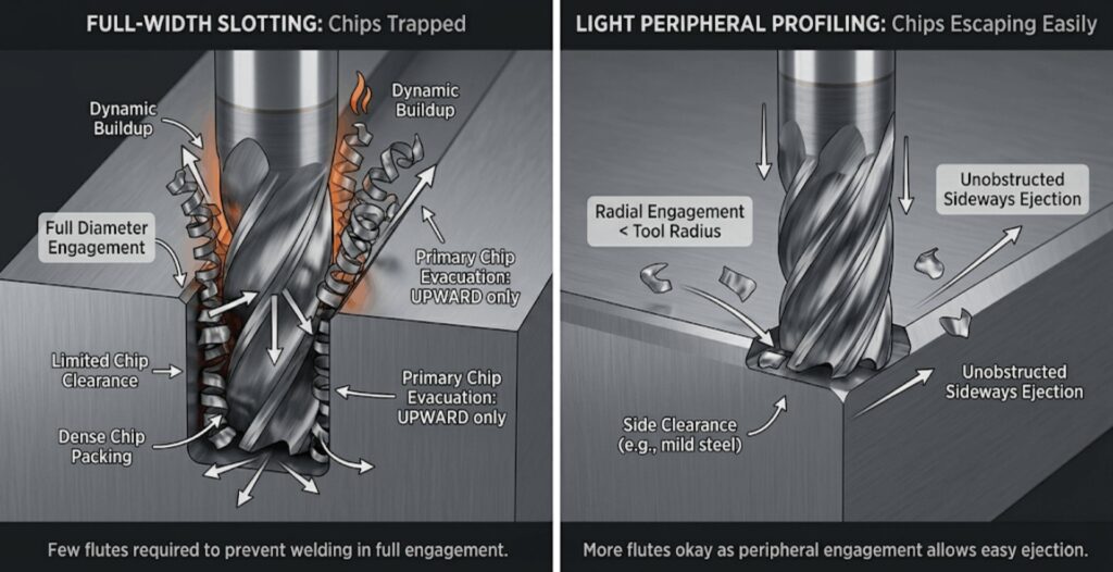 Full-width slotting cut (chips trapped). VS light peripheral profiling pass (chips escaping easily)