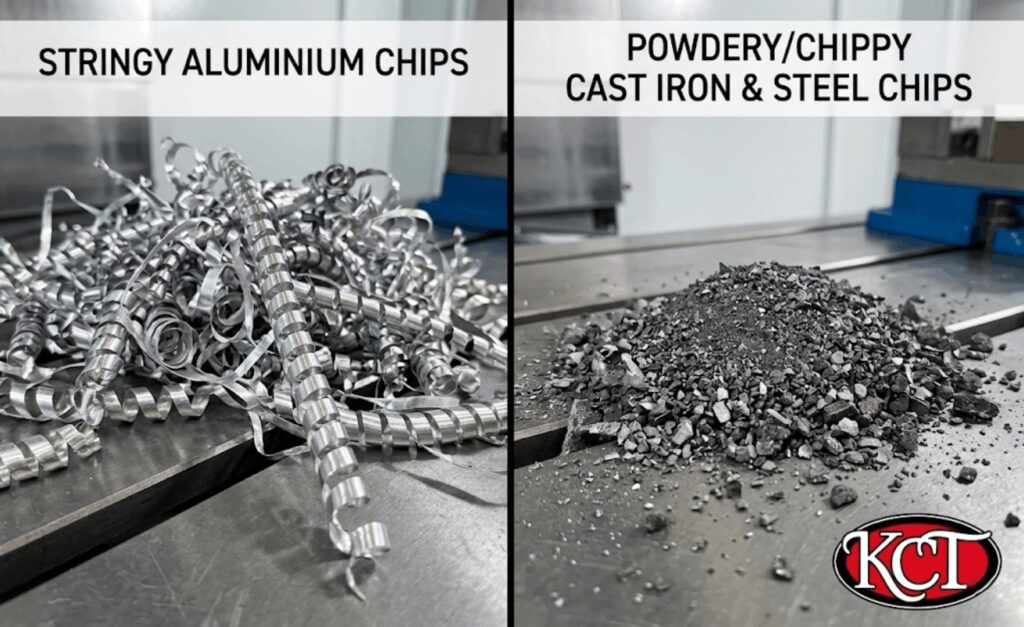 Stringy aluminum chips vs. small, powdery, chippy cast iron & steel chips